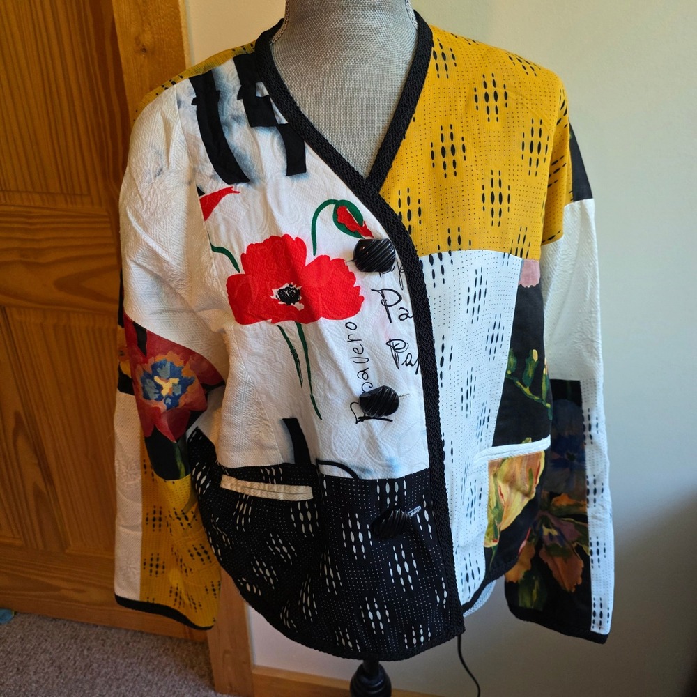 Max & Mabel Patchwork Art to Wear Jacket Floral Poppy Geometric Mixed Media Sz 2